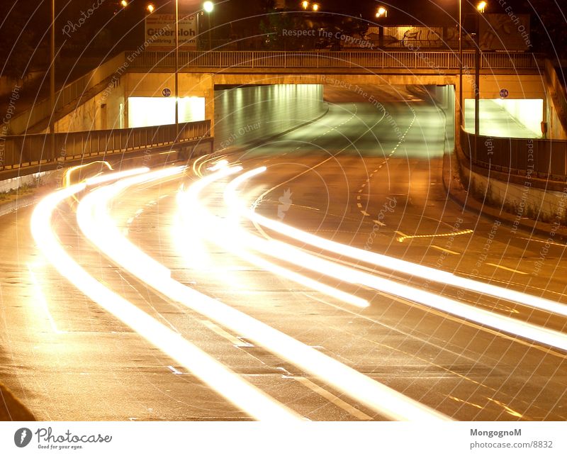 Car tunnel at night Tunnel Night Light Speed Traffic lane Long exposure Bridge Street