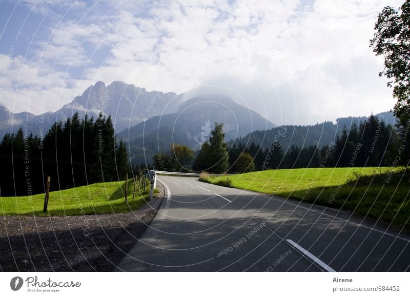 It's going up Vacation & Travel Far-off places Mountain Landscape Sky Clouds Beautiful weather Alps High King Street Pass Curve Driving Elegant Blue Green White