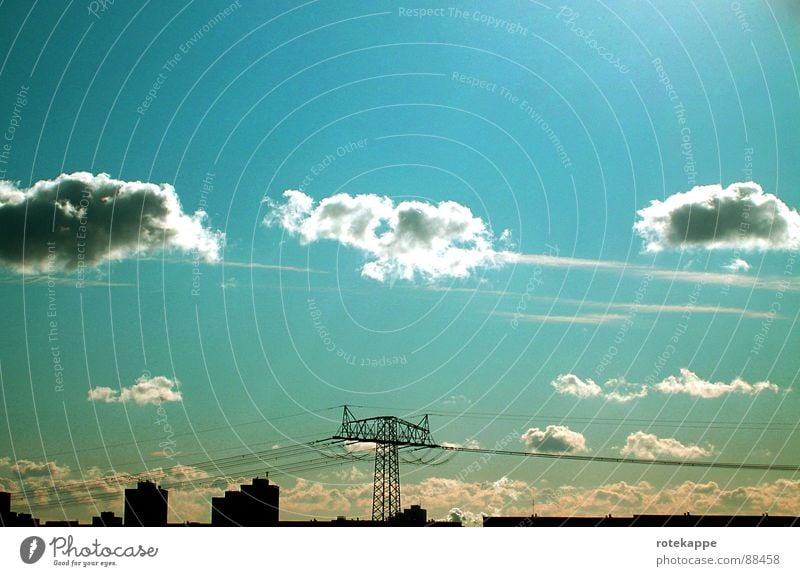 yesterday Calm Clouds Past Summer Completed Vantage point Light Electricity pylon House (Residential Structure) Time Sky Blue Transmission lines Skyline