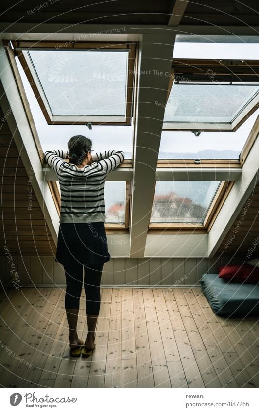 outlook Human being Feminine Young woman Youth (Young adults) Woman Adults 1 Window Roof Looking Stand Curiosity Vantage point View from a window Skylight Attic