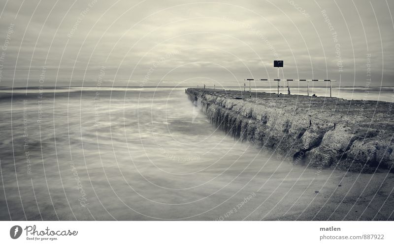 grey sea Nature Landscape Elements Sand Water Sky Clouds Storm clouds Horizon Summer Weather Bad weather Waves Coast Beach Baltic Sea Maritime Black White Jetty