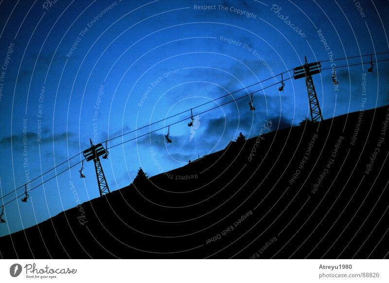 45° Chair lift Closing time Winter Incline Winter sports Twilight Stagnating Evening Mountain Alps Shadow Upward atreyu