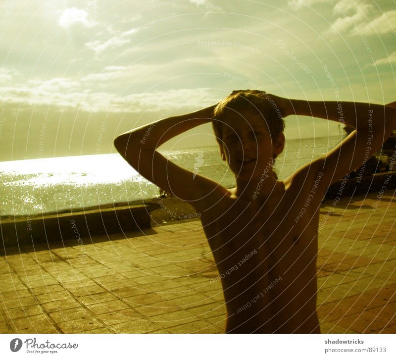 Simon No.2 Beach Back-light Silhouette Clouds Sunset Ocean Yellow Slowly Stranded Portrait photograph Invisible Snapshot Tourist Africa Human being shadow craze