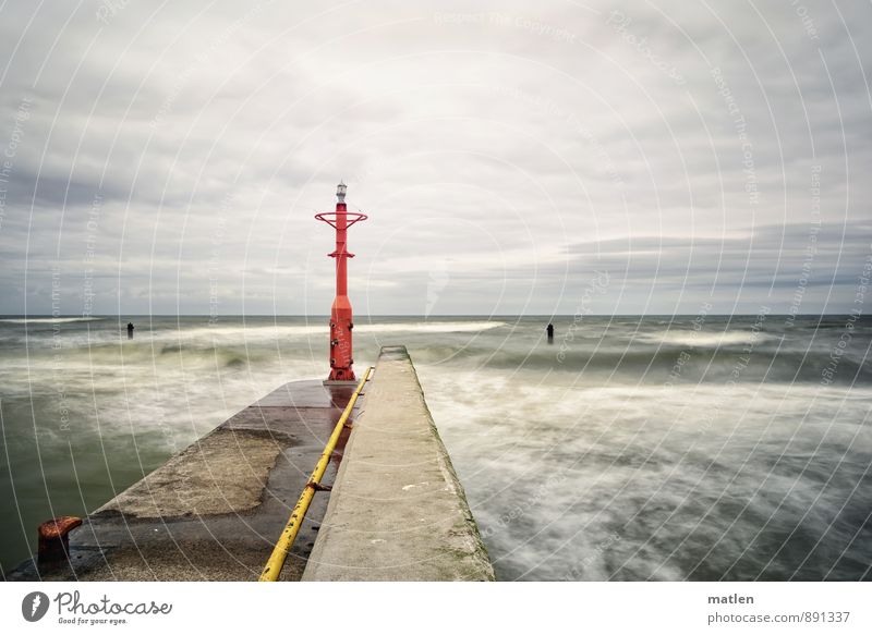 rough Nature Water Sky Clouds Horizon Spring Weather Bad weather Waves Coast Baltic Sea Lighthouse Yellow Gray Green Red Navigation mark Mole Jetty Banister