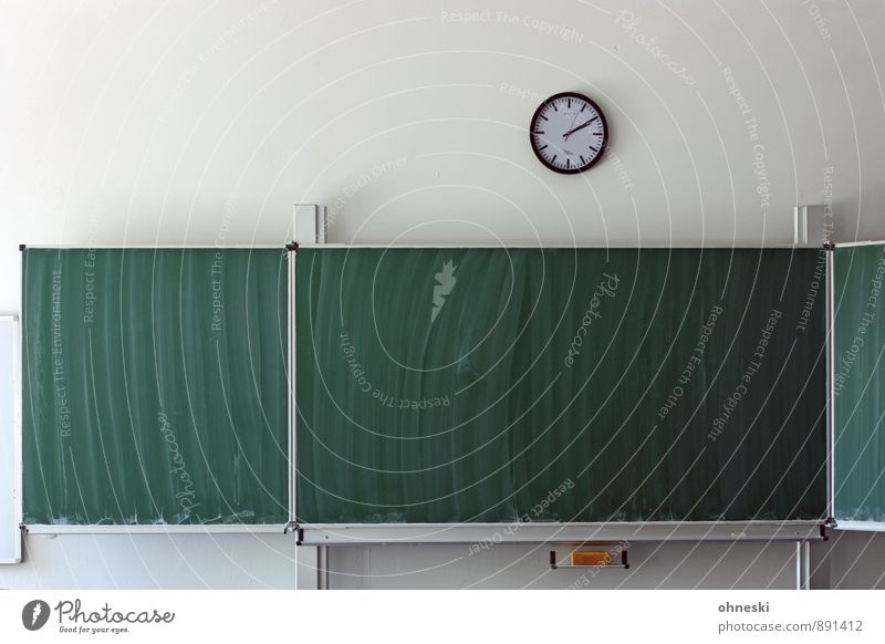 Tabula rasa Education School Study Classroom Blackboard Academic studies Clock Sponge Curiosity Interest Fear Time Colour photo Interior shot Deserted