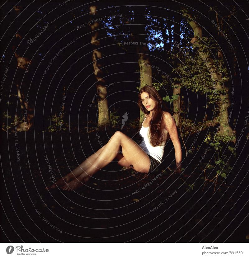 young beautiful long legged athletic woman sits barefoot in a clearing in the woods in the setting sun Trip Summer Young woman Youth (Young adults) Body Legs