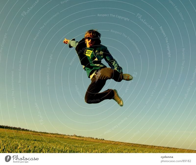 Jump into the field! VIII Hop Spring Meadow Grass Green Style Sunset Posture Blade of grass Worm's-eye view Sunbeam Kick Martial arts Man Fellow Field Straddle