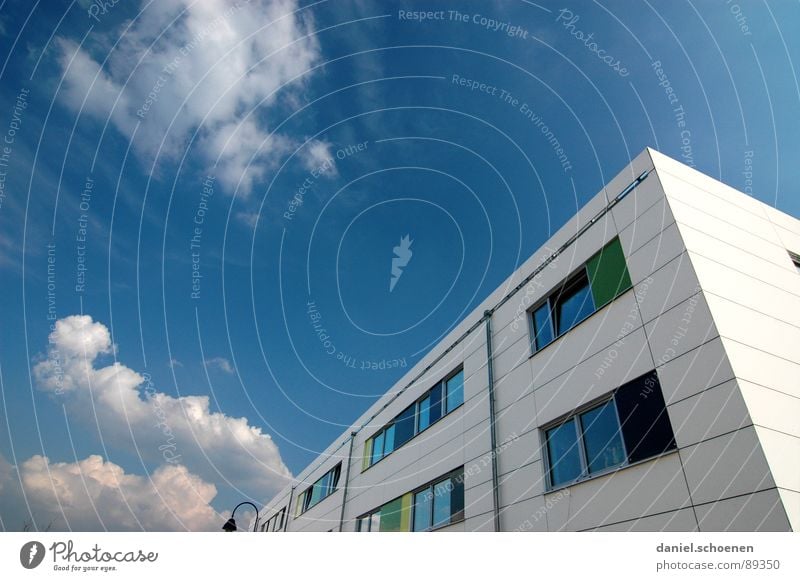 Spring in the new development area Summer Clouds White Green Facade Window New building Cyan House (Residential Structure) Detail Sky Blue