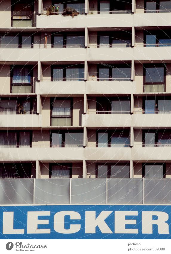 Delicious concrete Concrete Gray High-rise Boredom Seventies Supermarket Window Balcony Summer Private Living room gooseähn Blue Consumption Prefab construction