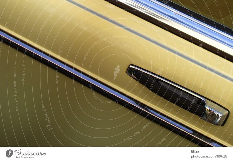 barrow Beautiful Industry Technology Window Means of transport Vehicle Car Metal Line Stripe Driving Glittering Gold Status symbol Car door Door handle Parallel