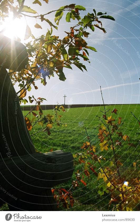 Three motifs in one Hunting Blind Sun Religion and faith Christianity Landmark Monument Sky Beautiful Nature Cross on the mountain Blue sky fair weather