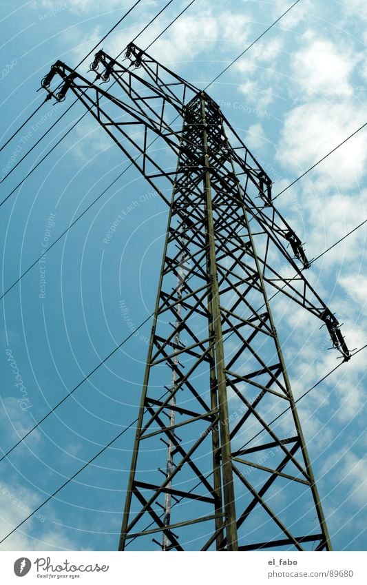 power pole number 71 Electricity pylon Summer Clouds Iron 08 15 Bla Siegburg Electrical equipment Technology Sky Cable Metal Industrial Photography