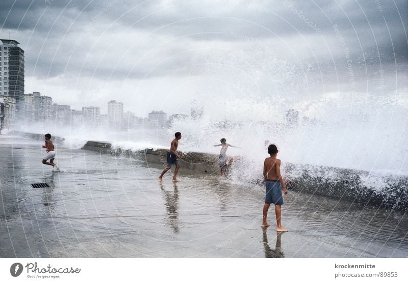 Water Music IV Break water Go up Boy (child) El Malecón Splash of water Wall of water Inject Joy Child Cuba Refreshment Playing Waves Ocean White crest Fresh