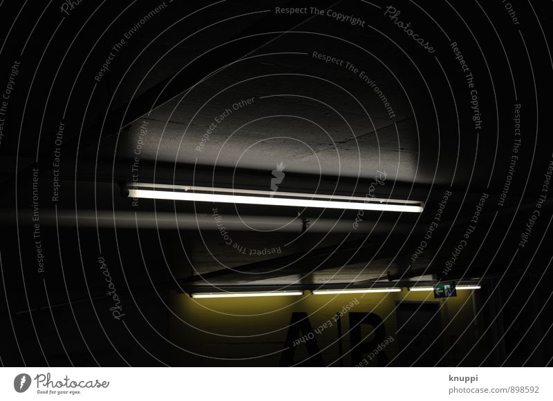 exit Technology Illuminate Dark Modern Yellow Gray Black White Switzerland Lucerne Parking garage Car Emergency exit Fluorescent Lights Underground Concrete