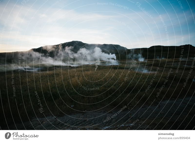 I'm in Iceland. Nature Landscape Sky Clouds Grass Hill Idyll Vacation & Travel Smoke Steam Geyser Geyser bassin Colour photo Subdued colour Exterior shot