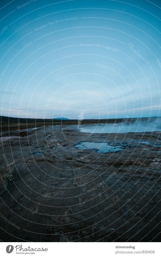 I'm in Iceland. Nature Cloudless sky Horizon Vacation & Travel Geyser Steam Gas Rock Pond Cold Colour photo Subdued colour Deserted Copy Space top Twilight