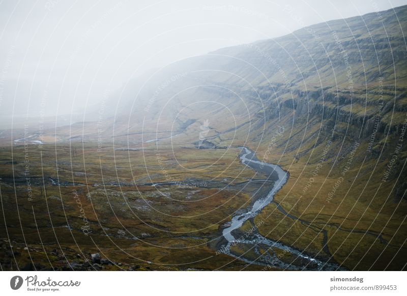 I'm in Iceland. Nature Landscape Clouds Brook River Horizon Idyll Vacation & Travel Green Carpet of moss Riverbed Fog Haze Mountain Valley Vantage point