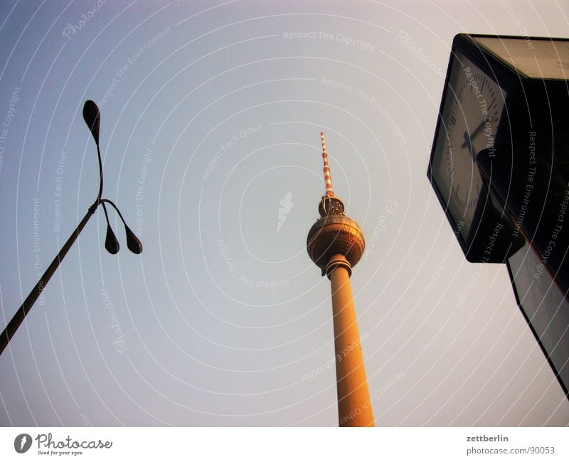 alexanderplatz Alexanderplatz Middle Lantern Lamp Steep Go up Twilight Clock Public clock Landmark Monument Berlin city (east) GDR Berlin TV Tower