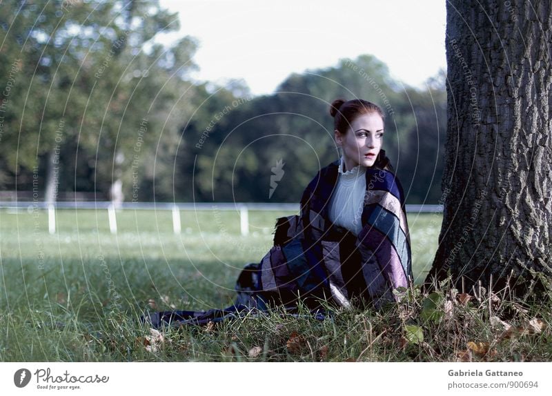 End Of Summer Feminine 1 Human being 18 - 30 years Youth (Young adults) Adults Sit Green Longing Tree Hide Woman wrapped Colour photo Exterior shot