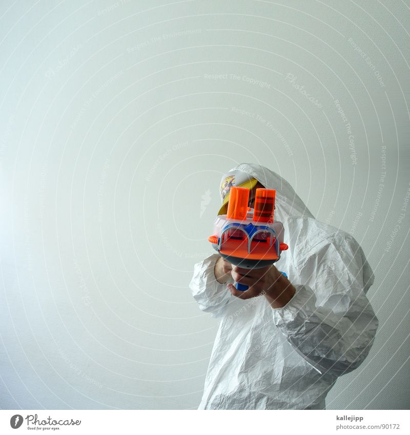 man in white II Cardboard dummy Shoot War Playing Absurdity Funster Rifle Aim Threaten Weapon Gunpoint Strong Hand White Suit Protective clothing Attack