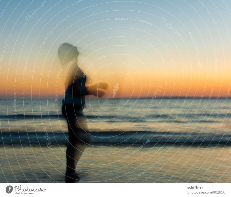 Young woman moving on the beach at sunset Human being Feminine Girl Youth (Young adults) 1 Dance Political movements motion blur Shake Head Arm Hand Twilight