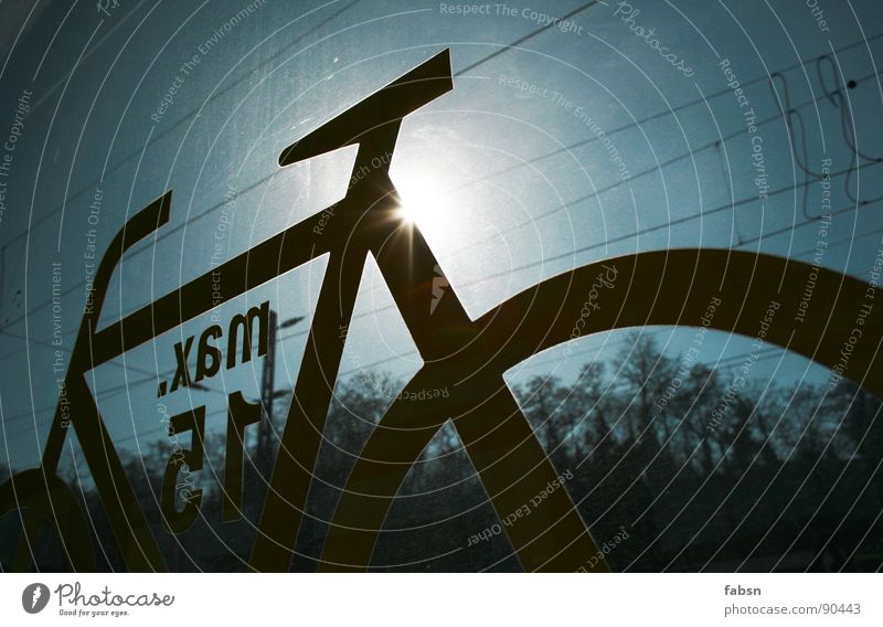 towards the sun Bicycle Pictogram Railroad Window Window pane Summer Jump Sky Tree Electricity Electronic Back-light Light Public service Signage pic picture