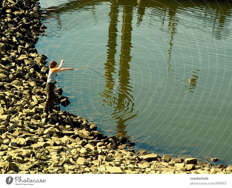 CATCH YOUR ILLUSIONS II Child Lake Pond Harbour Angler Fishing (Angle) Reflection Summer Playing Childlike Childish Leisure and hobbies Light heartedness Dream