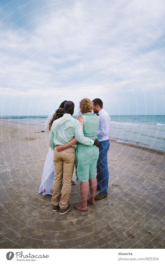 friends Joy Leisure and hobbies Friendship Couple Environment Nature Sky Clouds Beautiful weather Waves Coast Beach Free Friendliness Happiness Fresh Healthy