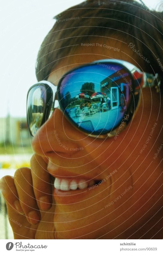 summer feeling Sunglasses Woman Summer Ice-cream parlor Mirror Reflection Brown Joy Laughter Blue