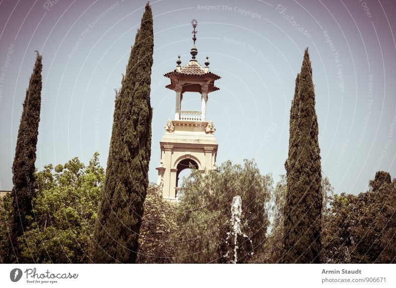 Cypresses, fountains, turrets Summer vacation Nature Cloudless sky Beautiful weather Plant Tree Bushes Park Barcelona Town Deserted Castle Tower