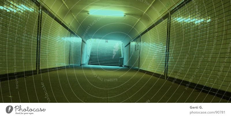 subway Tunnel Night Section of image Sharp-edged Turquoise Yellow Shaft Railroad Pedestrian underpass Tile Cologne Long Far-off places Deep Dark Light