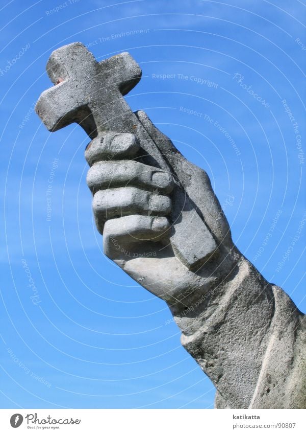 hold on tight. Hand Cold Statue Fingers Deities Belief Gray Detail Peace Landmark Monument Back Stone Old Blue Sky God Religion and faith