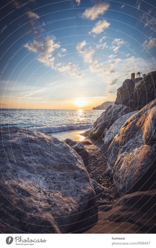 tramonto Sand Water Sky Clouds Sunlight Summer Rock Coast Beach Ocean Liguria Warmth Blue Gold Gray Palm tree Colour photo Exterior shot Deserted Sunrise Sunset