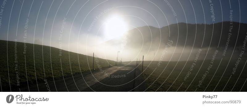 The way Salzkammergut Meadow Panorama (View) Hiking Leisure and hobbies Austria Sunrise Cold Fog Autumn Vacation & Travel Back-light Calm Mountain