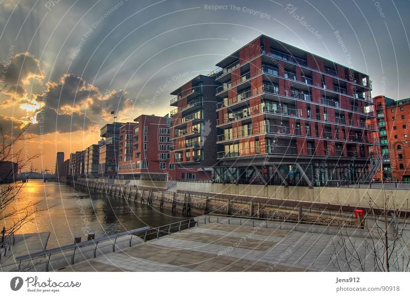 Sandtor harbour "Am Sandtorkai" Town Harbor city Sidewalk Construction site Construction crane HDR Dynamic compression Wide angle Evening sun Back-light Sunbeam