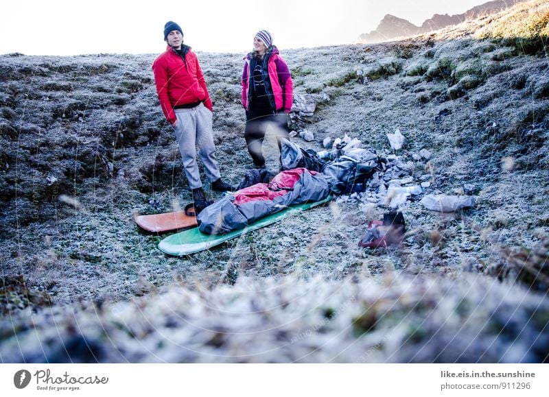 It was a cone up there on the mountain. Masculine Feminine 2 Human being Nature Camping Mountain bivouac Sleeping bag Autumn Adventure Exterior shot