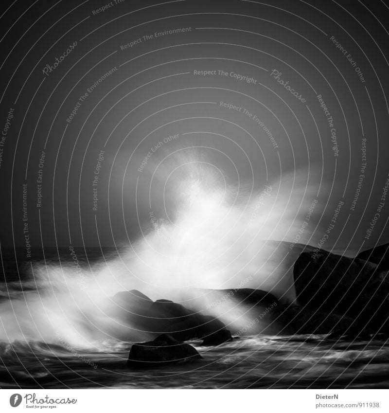 breakwater Environment Landscape Elements Air Water Drops of water Sky Bad weather Wind Gale Coast Ocean Gray Black White Stone Rock Horizon Black & white photo