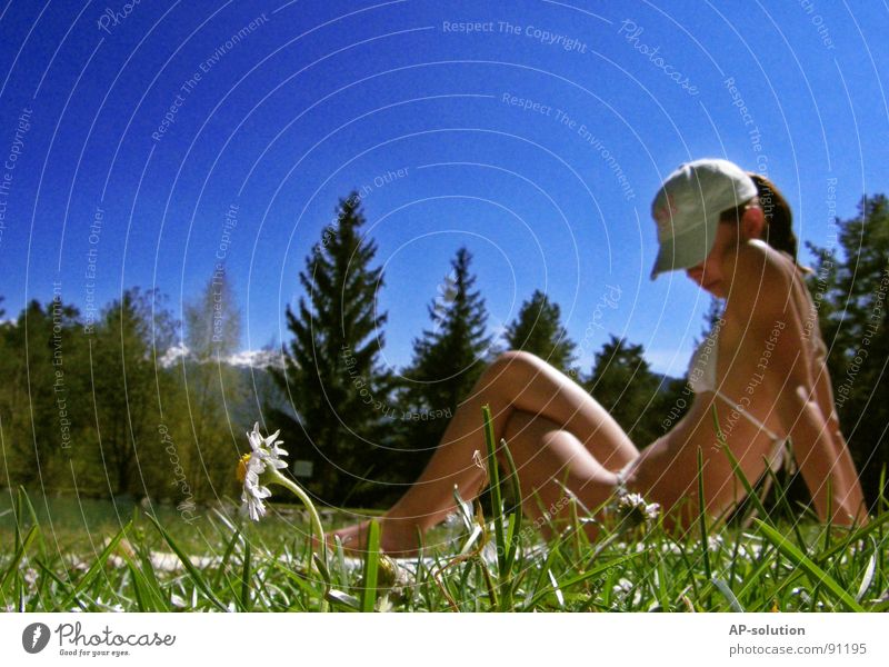 daisies Grass Meadow Daisy Flower Bikini Woman Spring Summer Well-being Sun Sky blue Spring fever Emotions Style Federal State of Tyrol Spirited Sunbathing Joy