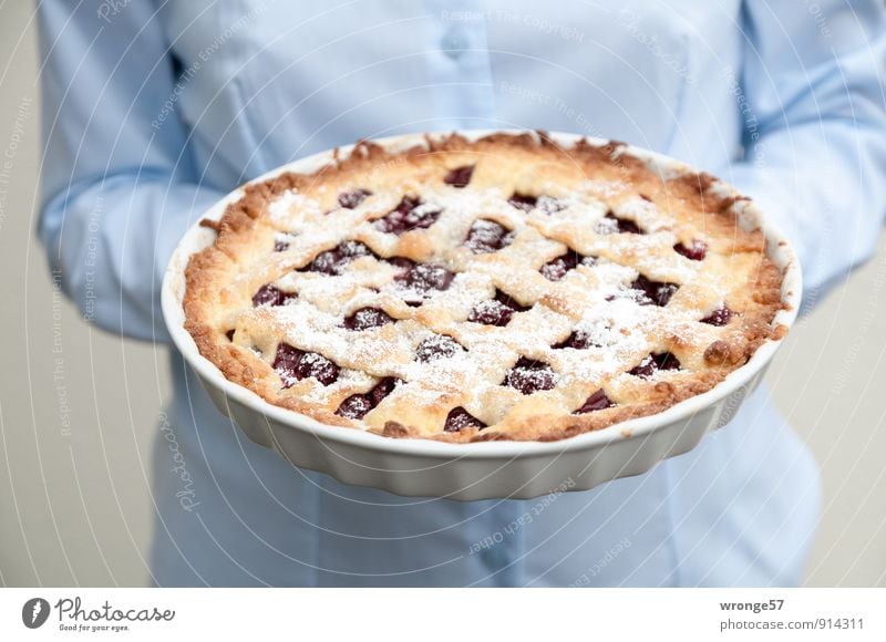 tasty cake Food Dough Baked goods Cake Italian Food Human being Feminine Woman Adults 1 45 - 60 years Delicious Sweet Blue Brown cherry pie Crisp cross Italy