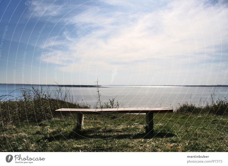 the bank by the fjord Limfjord Ocean Calm Resting place Break Panorama (View) Clouds Bad weather Clouds in the sky Meadow Cliff Denmark Green White Sky blue