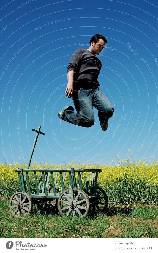 where???? Man Fellow Jump Carriage Trolley Derelict Meadow Degrees Celsius Canola Yellow Summer Brilliant Sweater Pants Footwear Wood Pure Leisure and hobbies