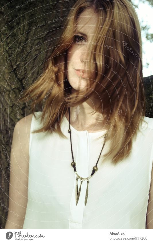 Close portrait of a young red-haired woman in front of a tree Style Young woman Youth (Young adults) 18 - 30 years Adults Nature Beautiful weather Tree Blouse