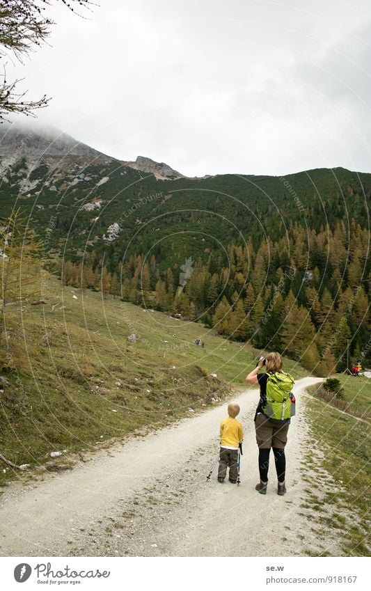 photography education Trip Mountain Hiking Child Woman Adults Mother 2 Human being 3 - 8 years Infancy 30 - 45 years Clouds Alps rax Alpine pasture Forest