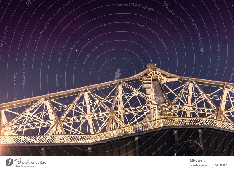 under the brige V Bridge Old Elbe Dresden Long exposure Star (Symbol) Stars Lamp River bank Stripe Steel bridge Traffic infrastructure Watercraft Navigation