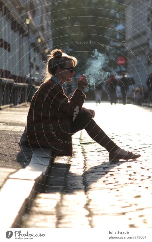 smoking break Human being Feminine Young woman Youth (Young adults) Woman Adults 1 18 - 30 years Hamburg St. Pauli Street Jacket Sunglasses Chignon Smoking Sit