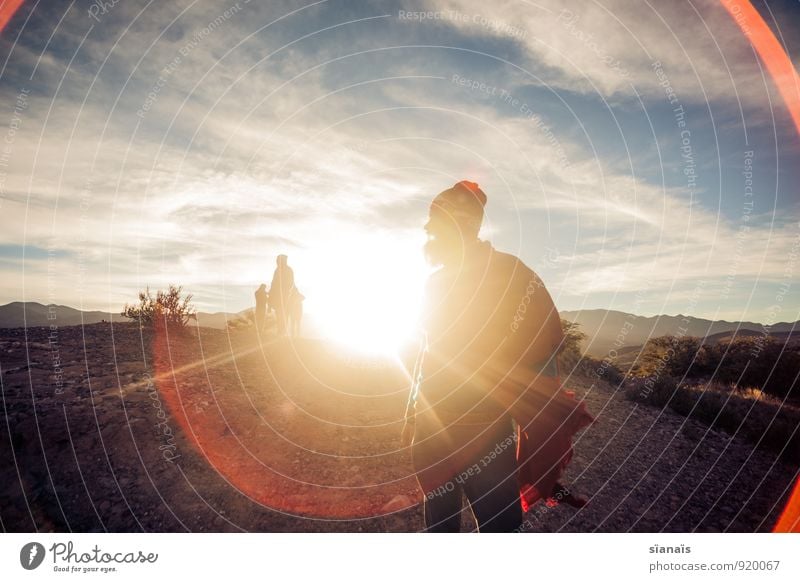 backlit Lifestyle Vacation & Travel Tourism Adventure Far-off places Freedom Expedition Sun Human being Masculine Man Adults Desert Cap Beard Red Brave Hope