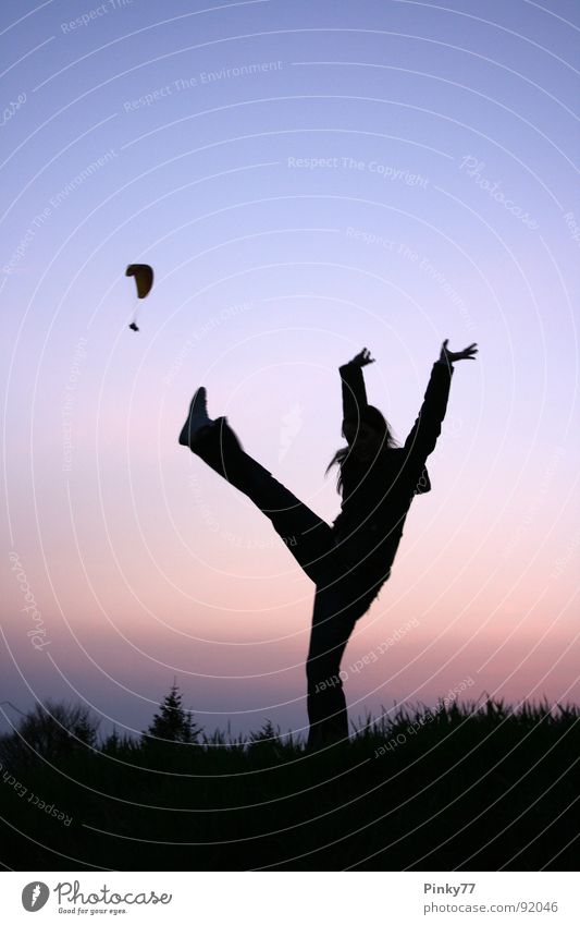 Kick the Paraglider! Paragliding Jump Joie de vivre (Vitality) Swing Sports Woman Hiking Sunset Dusk Austria Gaisberg Meadow Tree Romp Fir tree Tread Silhouette