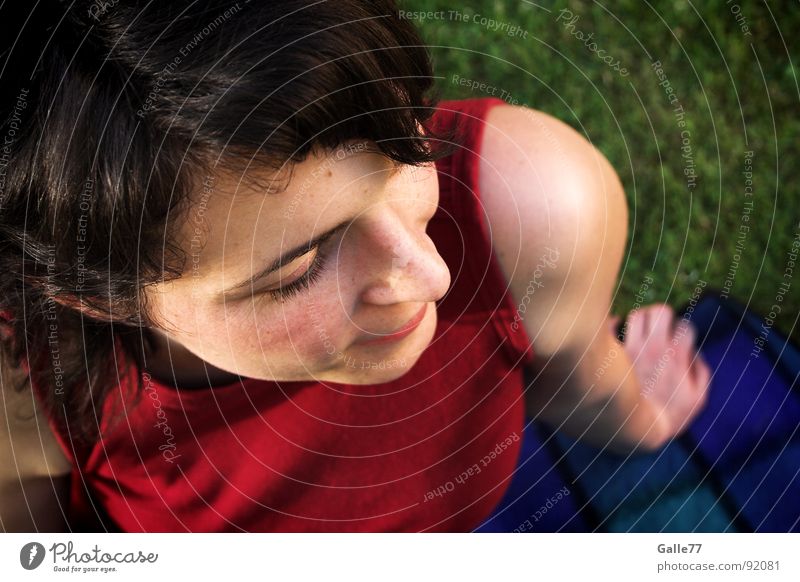 shoulder look Woman Shoulder Summer Comfortable Meadow To enjoy Relaxation Human being Above down Sit Blanket Looking