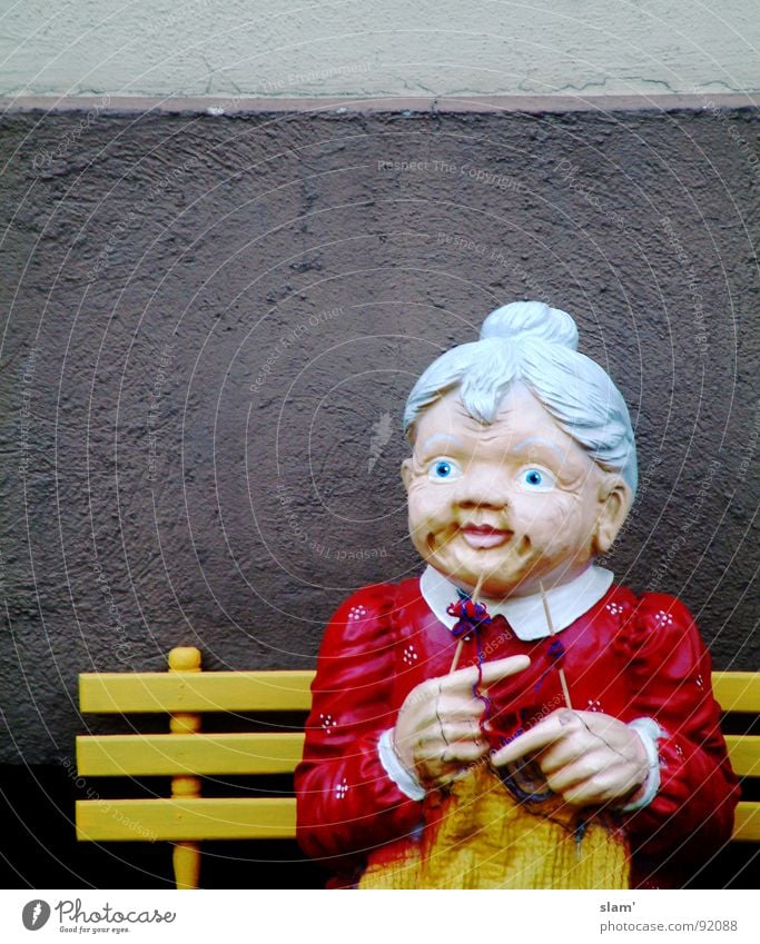 Rope, Granny! Grandmother Knit Senior citizen Future Ambiguous Watchfulness Loneliness Painted Wall (building) Dark Hand Yellow Red Gray Hair and hairstyles