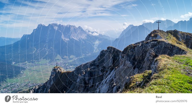 Zugspitze Hiking Mountaineering Nature Landscape Earth Sky Clouds Sun Summer Autumn Beautiful weather Grass Rock Alps Peak Ehrwald lermoos Austria Movement